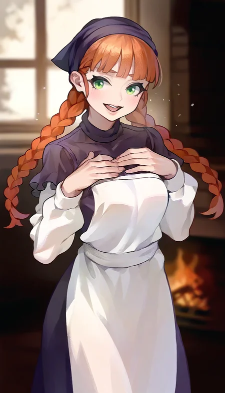 masterpiece,best quality,amazing quality,
<lora:yunifiiNAI:1>,yunifi,
1girl,solo,orange hair,bangs,twin braids,green eyes,purple headscarf,puffy sleeves purple collar dress,white strapless apron,white detached sleeves,looking at viewer,open smile,indoors,wooden,fireplace,window,snow,hand on chest,blurry background,depth of field,soft lighting,light particles,
