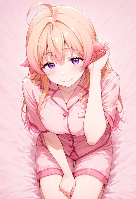 (masterpiece, best quality, newest, absurdres, highres),(anime coloring), 1girl, nico wakatsuki (witch watch), long hair, blonde hair, pink hair, gradient hair, hair flaps, ahoge, purple eyes, pink pajamas, short sleeves, pink shorts, seiza, adjusting hair, looking at viewer, from above, blush, shy smile, bowing, plain background