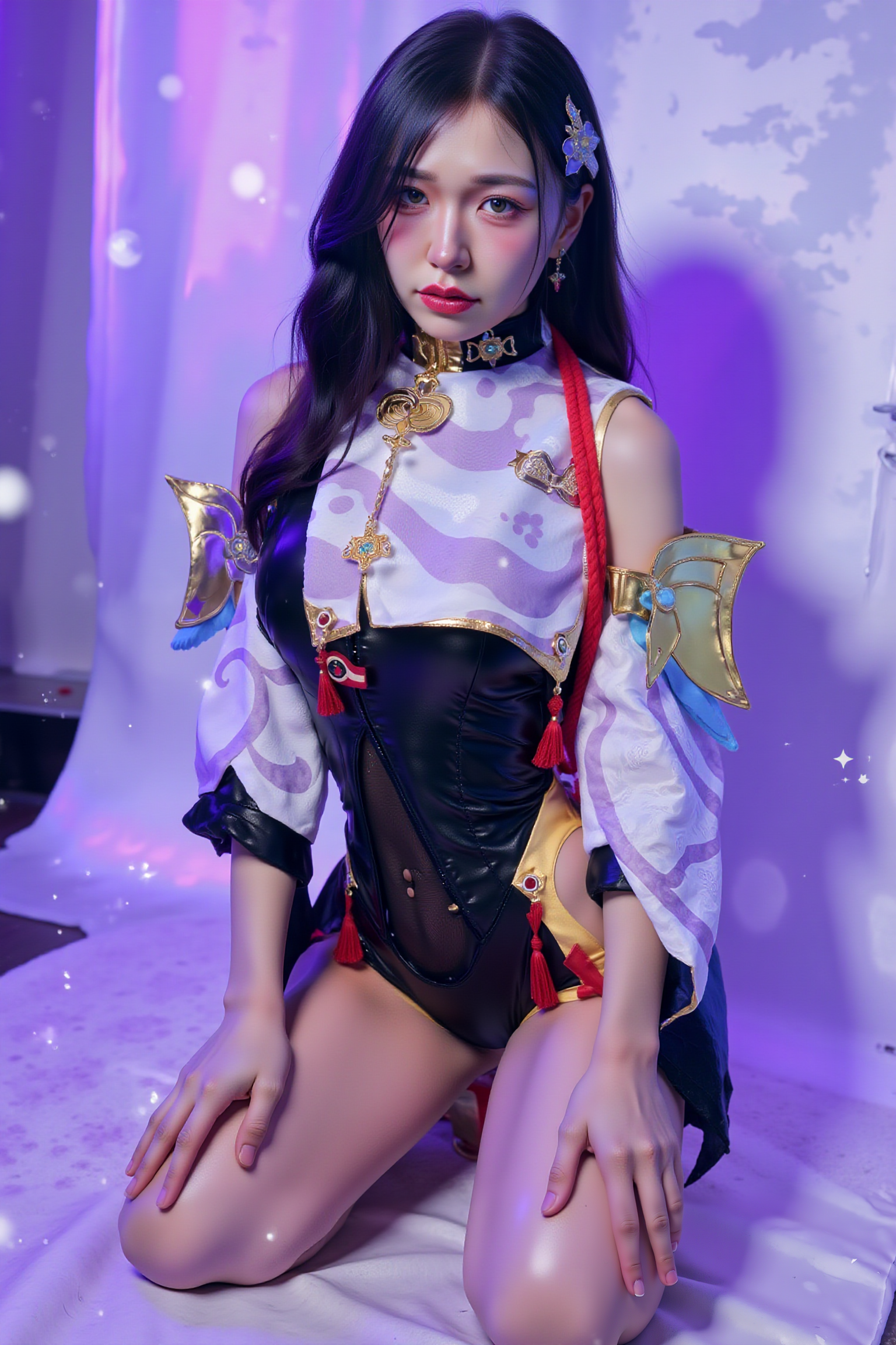 A professional, high-resolution photograph of a young woman gracefully seated on the floor in a side-sitting position, legs swept softly to one side. Her posture emphasizes gentle curves and elegance, one hand lightly touching the floor for balance, the other softly placed in her lap. Her expression is composed, serene, and engaging.

She is wearing SGWN41ClothingStyle1, a black and white bodysuit adorned with gold and red accents, featuring intricate patterns and a high collar. Her makeup is dramatic, with dark eyeliner and bold, glossy pink lips. 

The lighting features a high-contrast, monochromatic white color scheme that creates a moody, intimate atmosphere. 

The photography technique uses what appears to be soft lighting to create a glamorous effect, with careful attention to highlighting contours while maintaining the dominant light purple color scheme throughout the frame.

The overall aesthetic combines elements of fashion photography, traditional Asian visual motifs, and contemporary boudoir styling. The dramatic light purple lighting creates a cohesive visual theme that ties all elements of the composition together.

The white light emit on her to show her feature.