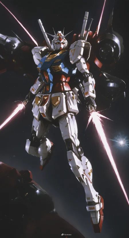 masterpiece, best quality, good quality, very aesthetic, absurdres, newest, rx-78-2, mobile suit gundam, beam saber, dual wielding, flying, machinery, mecha, mecha focus, mobile suit, no humans, realistic, robot, roundel, science fiction, space, v-fin, weapon, zero gravity,Engine Energy Injection, seb mckinnon <lora:ponyv5_noobE11_1_adamW-000013:0.7> <lora:USNR_STYLE_XL_lokr:0.8> <lora:shiej007:0.8> <lora:SebMcKinnonILL:0.6>