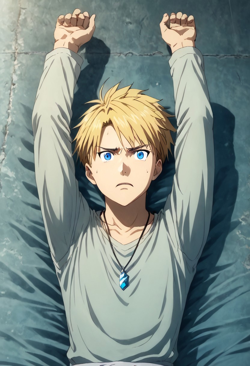 high resolution, solo, best quality, 1Boy, Yamato Ishida, Blonde Hair, Blue Eyes, Necklace, Lying face down, arms outstretched, overpowered, dominated,
