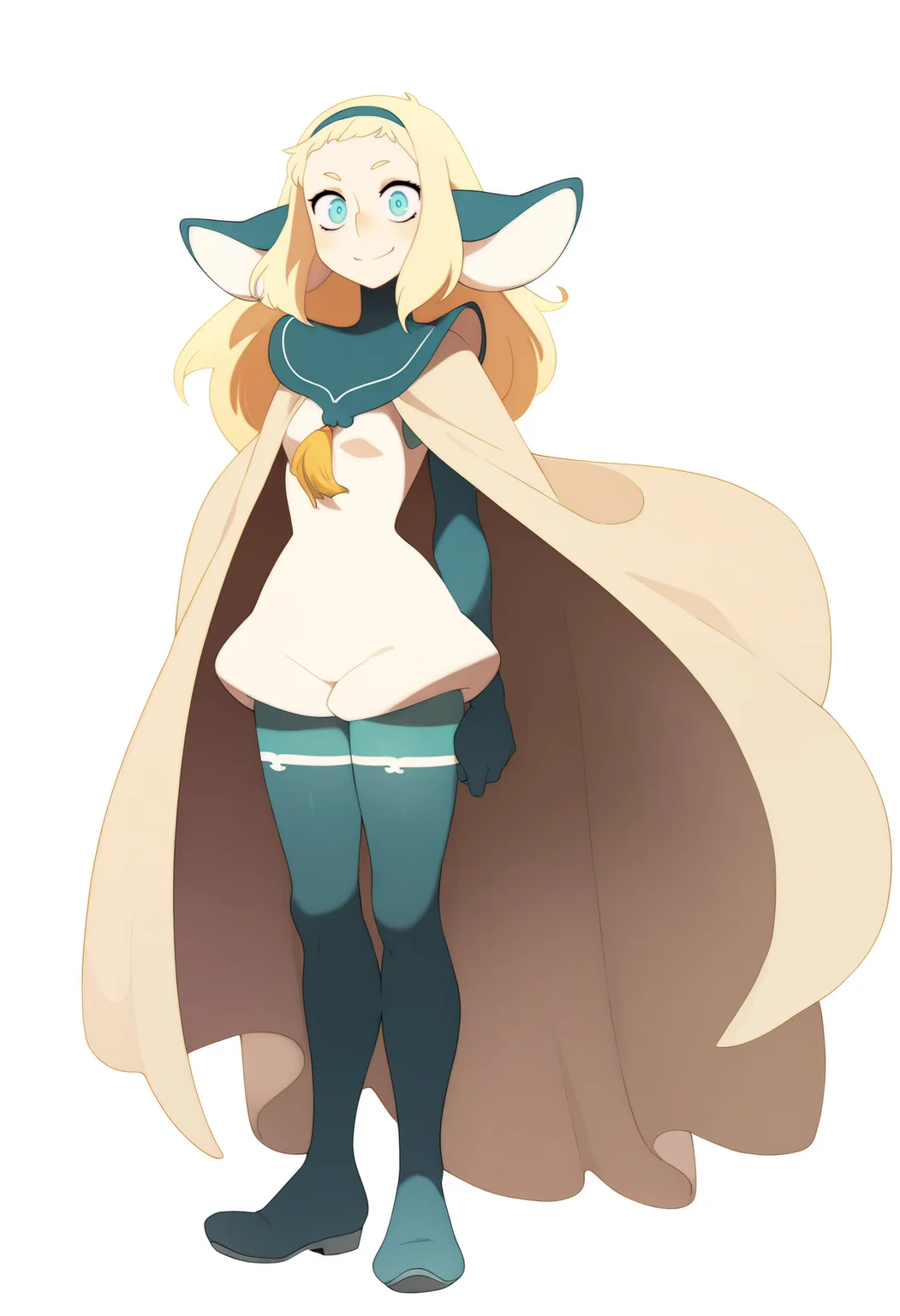 masterpiece, best quality, very aesthetic, absurdres,
1girl, bakarajurgen, blonde hair, long hair, blue eyes, hairband, animal ears, gloves, hairband, cape,
full body, standing, smile, looking at viewer, solo, simple background, white background, <lora:BakaraJurgenNoobXL_byKonan:1>
