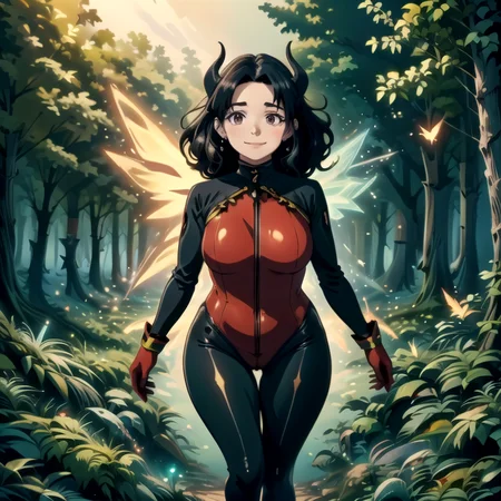 ((top quality, 8k wallpaper)),(masterpiece, best quality),extremely detailed,high definition,(official art:1.3),(((anime screencap,black outline))),<lora:more_details:0.3>,<lora:LCM_LoRA_Weights_SD15:1>,1girl, (large breasts), (parted bangs:1.6), <lora:ETO_OC:0.2> ETO-OC, <lora:ETO_OCC006:0.4>, ETO_OCC, (curly hair:1.3), (long hair:1.1), thick eyebrows, pale skin, curvy, (plump:1.2), fat, 1girl, mature female, smile, black hair, looking at viewer,  BREAK <lora:devilmercy-nvwls-v1:0.7> devilmercy, demon horns, red sleeves, red bodysuit, long sleeves, red gloves, pelvic curtain, (mechanical wings:1.4), black leggings, fire, brimstone, (glowing wings), (neon lights),<lora:Fairies_and_Technology:0.7>, fairy, forest,