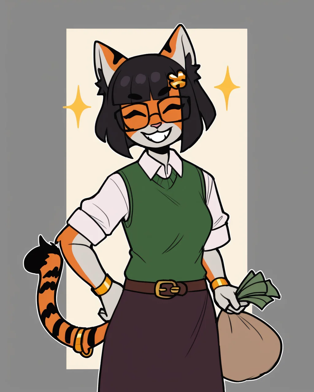 score_9_up, score_8_up, score_7_up, score_6_up,  by remanedur, half-length portrait, female, black hair, cat, tail, medium breasts, eyes closed,  hair accessory, tail bracelet, hair ornament, tiger tail, shirt, sweater vest, panty hose, skirt, gold wristwatch, bracelet, belt, furry, bangs, square glasses, short hair, looking at viewer, money, money bag, holding money,  grin, happy, head tilt, solo, three-quarter view, simple background, white outline, <lora:Leah_Pines(AIM)_XL_v1:0.15> <lora:PDXL_artist_tags_v2_big:0.5> <lora:The-Minuscule-Task_PDXL_v1.0:0.6>   <lora:Kaede_murninatair:0.7>