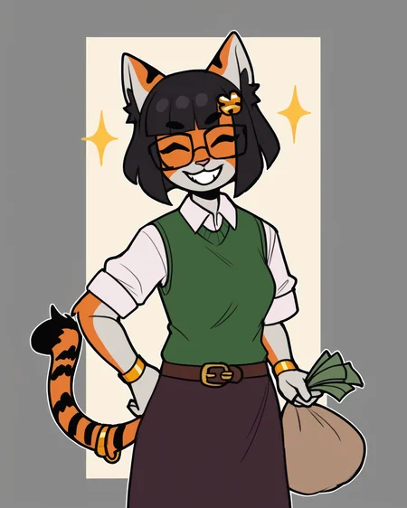 score_9_up, score_8_up, score_7_up, score_6_up, by remanedur, half-length portrait, female, black hair, cat, tail, medium breasts, eyes closed, hair accessory, tail bracelet, hair ornament, tiger tail, shirt, sweater vest, panty hose, skirt, gold wristwatch, bracelet, belt, furry, bangs, square glasses, short hair, looking at viewer, money, money bag, holding money, grin, happy, head tilt, solo, three-quarter view, simple background, white outline, <lora:Leah_Pines(AIM)_XL_v1:0.15> <lora:PDXL_artist_tags_v2_big:0.5> <lora:The-Minuscule-Task_PDXL_v1.0:0.6> <lora:Kaede_murninatair:0.7>
