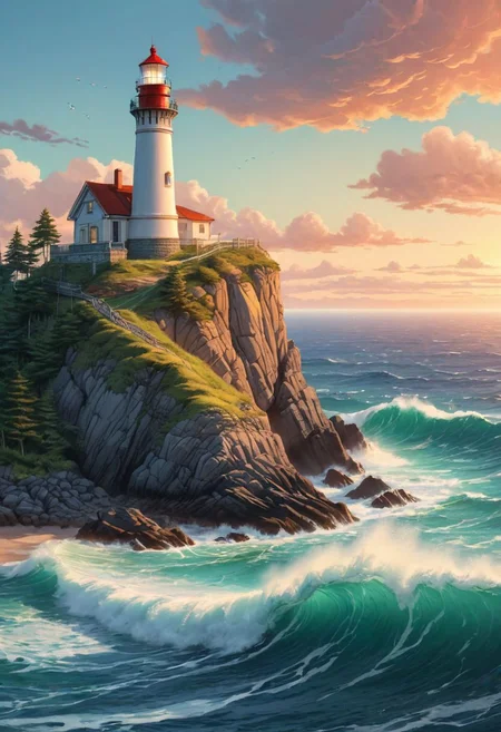 (Ink illustration on parchment). Vibrant and dynamic illustrations and vectors, a picturesque 1lighthouse standing tall on a small island, detailed waves crashing on the shore, Red tones Zentangle sky, vibrant colors, dynamic composition, digital painting, Studio Ghibli-inspired, cozy lighting, whimsical atmosphere, by Junji Ito and Hayao Miyazaki, artstation trending, 4k resolution. Masterpiece. <lora:more_art:0.30> <lora:RMSDXL_Enhance:0.45> <lora:RMSDXL_Creative:0.45> <lora:RMSDXL_Photo:0.45> <lora:RMSDXL_Darkness_Cinema:0.45> <lora:clothing_slider:0.00> <lora:great_lighting:1.00> <lora:aesthetic:1.00> <lora:looking_at_viewer:1.00> <lora:photorealistic_portrait_v2:0.25> <lora:attractive_v2:0.10> <lora:extremely_detailed_v2:0.25> <lora:add_detail:0.75> <lora:perfect_eyes:0.25> <lora:perfect_hands:0.50>