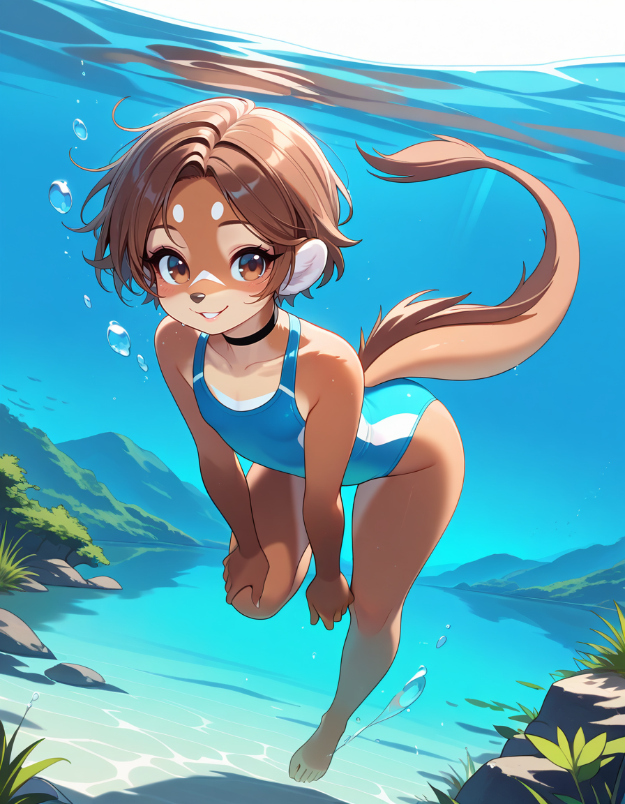 masterpiece, best quality, very aesthetic, absurdres,
outdoors, lake, swimming, submerged, underwater, 
full body, swimsuit,  
smile, parted lips, long eyelashes, 
<lora:Mikhaila_v01_NAIXL:1>
M1k4a11a,1girl,solo,furry,furry female,short hair,brown hair,brown eyes,animal nose,choker,body fur,brown fur, tail,