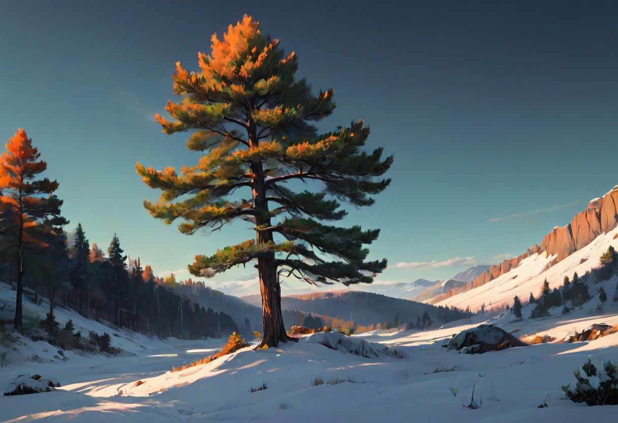 impactful color paint of A snowy landscape with a single green pine standing tall   <lora:Orange_Bloom:0.3>,    highly detailed,  vibrant colors , 8k,   sharp,  professional, clear,   high contrast, high saturated, , vivid deep blacks, crystal clear