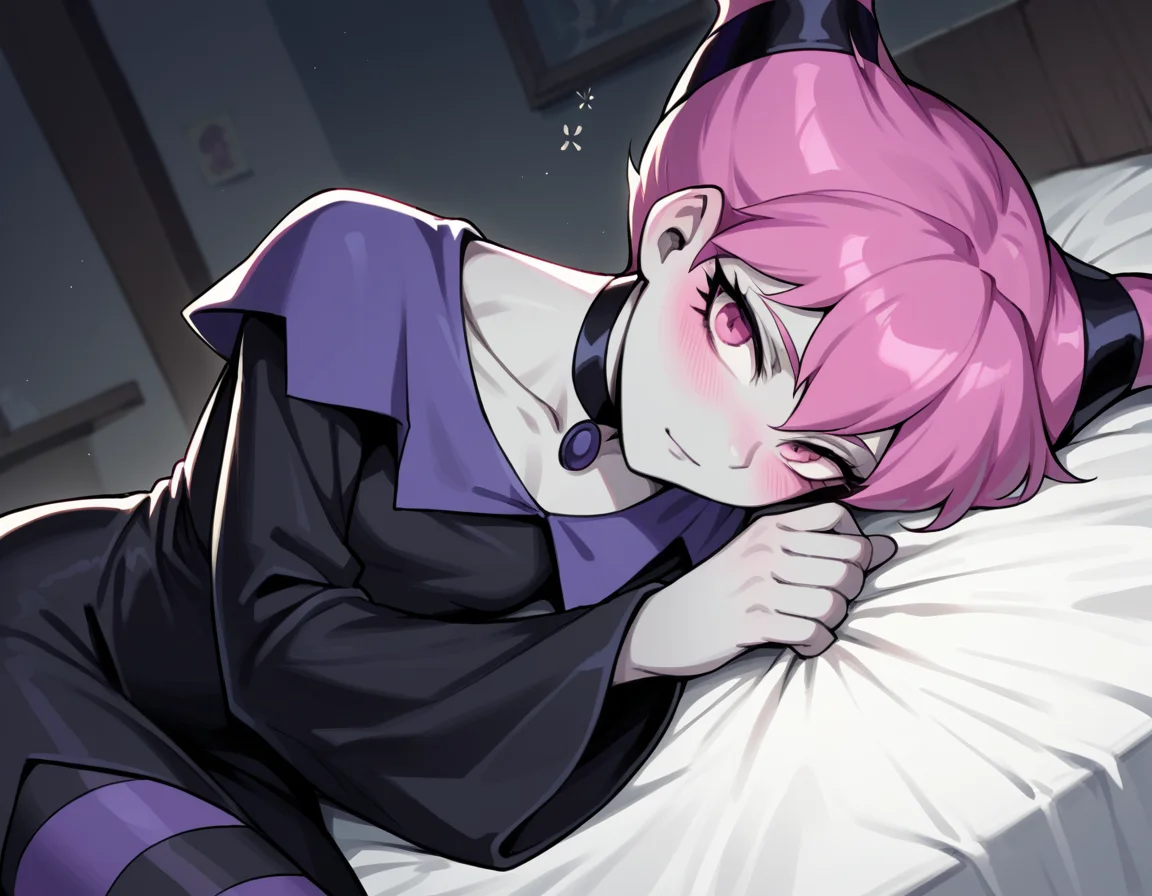 score_9, score_8_up, score_7_up, source_anime, <lora:jinx-dc-ponyxl-lora-nochekaiser_r1:1>, jinx, jinx (dc), colored skin, grey skin, hair horns, pink eyes, pink hair,, choker, long sleeves, pantyhose, striped clothes, striped pantyhose, black dress, wide sleeves, collarbone,, indoors, bed, bed room, on side, blush, drunk, looking at viewer, solo,, cowboy shot, dutch angle
