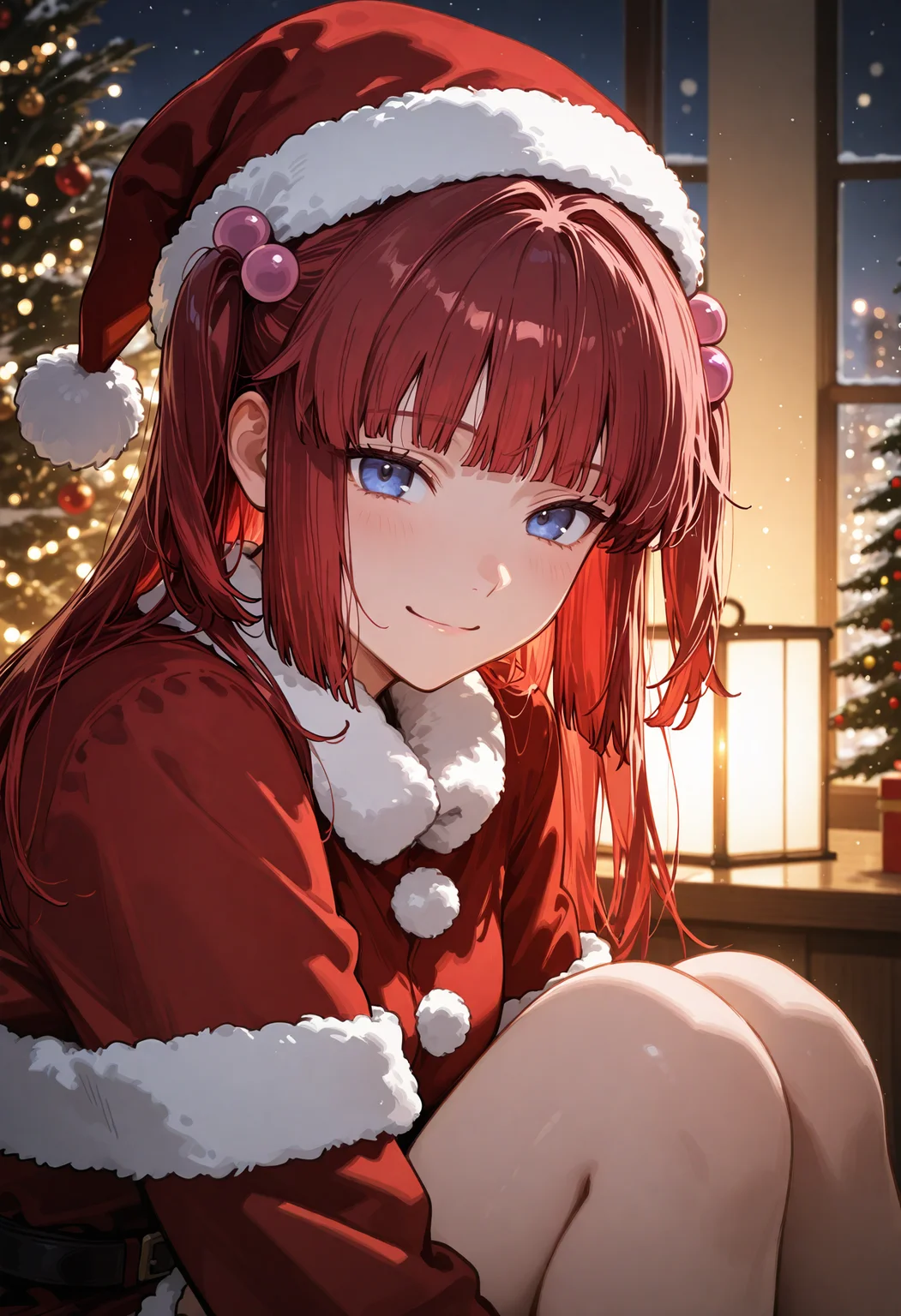<lora:Ushiromiya_AngedIL:0.85>, <lora:SDXL_HandFineTuning_XL:0.4>, <lora:for_illust_spo_sdxl_10ep_4k-data_lora_webui:0.7>, <lora:for_illust_GBF_Illustrious:0.4>, <lora:for_illust_ponyv5_noobV065S_1_adamW-000013:0.2>, <lora:for_illust_748cmSDXL:0.3>, <lora:warm light style v2:0.4>, perfect quality, best quality, absolutely eye-catching, cinematic, (masterpiece), (ultra-detailed), Soft lighting, very aesthetic, illustration, perfect composition, portrait, ultra detailed face, detailed eyes, blue eyes, 1girl, solo, sitting, christmas, hat, looking at viewer, santa costume, santa hat, christmas, christmas tree, ushiromiya ange, light smile, red hair, hair bobbles, hair ornament, long hair