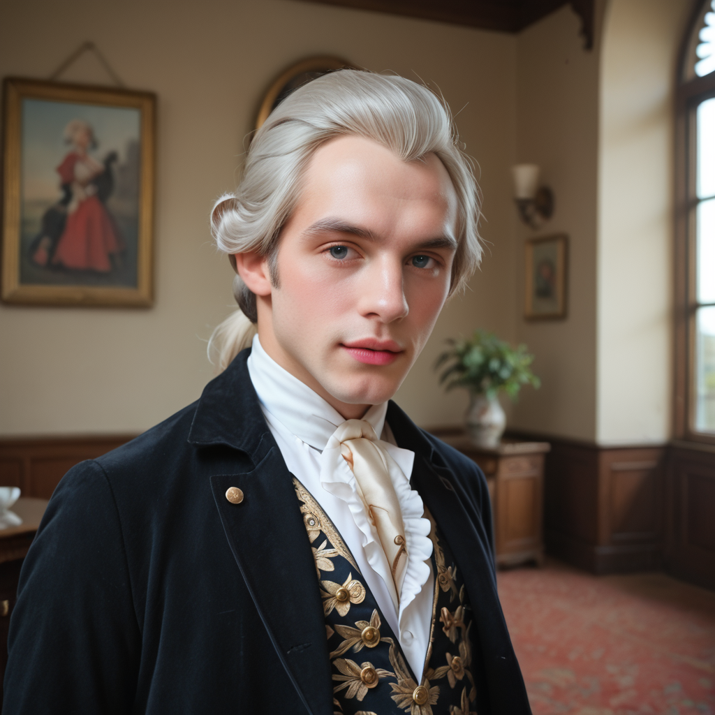 score_9, score_8_up, score_7_up, photograph, 1boys w16hsl1ps, male focus,he wears a historical wig and 18th century clothes,  grey hair, open coat, waistcoat,ponytail with black ribbon, indoors, pink lips, rouge, pink cheeks, realistic, white face makeup,ascot, from waist up
((masterpiece, best quality))
<lora:18th_Cent_man_PXL_V0:1>,