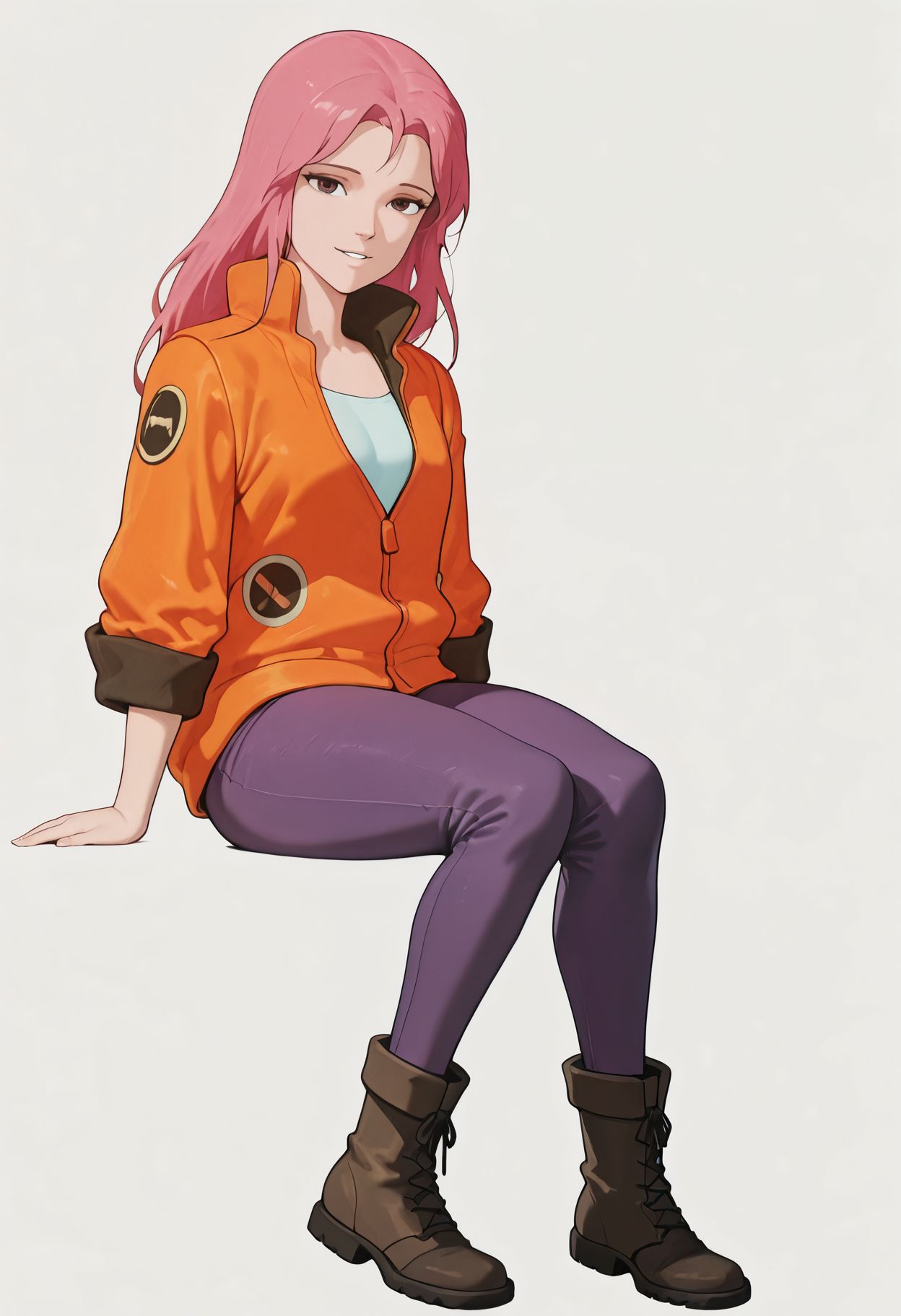 masterpiece,best quality,amazing quality,<lora:aisha_robotech_ilxl:1> aishagcm, 1girl,  full body, simple background, white background, long hair, pants, standing, boots, arms at sides,    orange jacket, shirt, sitting, invisible chair, purple pants,looking at viewer, parted lips, light smile