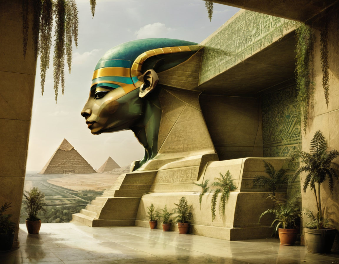 <lora:dand:0.6>dand, terrace built out of Pharaoh head, plants, pyramids, bids, people, intricate designs