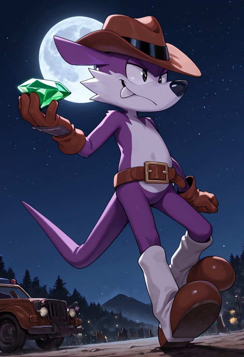 masterpiece, best quality, amazing quality, high detail, absurdres, solo, male, Fang the sniper, stetson hat, belt, gaiters, boots, Outback, Savana, dynamic, gemstone, holding emerald, night, moon, Tarou_Band!t, looking at virewer, cocky