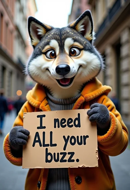 A silly wolf furry holding a sign that says "I need ALL your buzz"