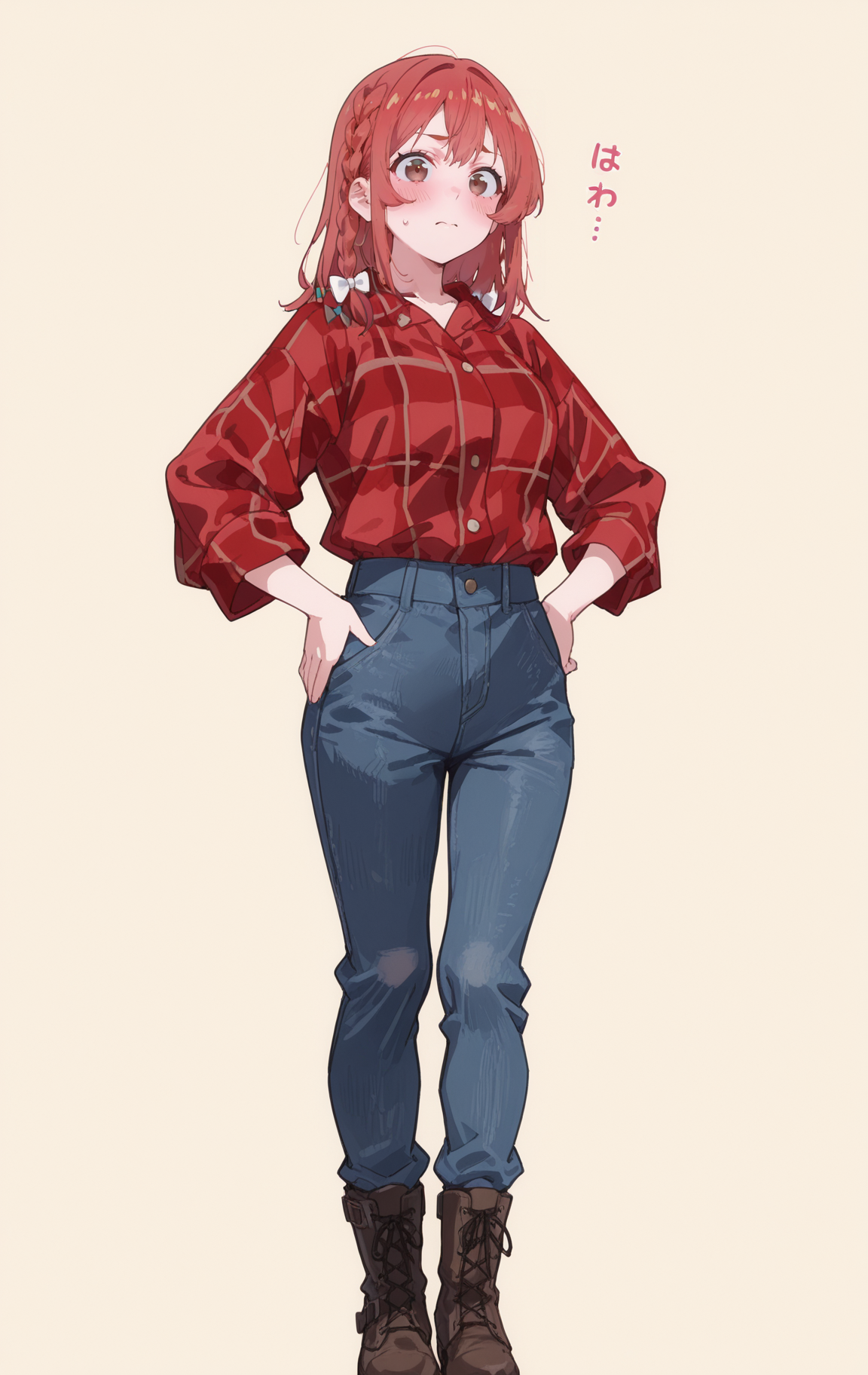 masterpiece,best quality,newest,absurdres,highres,
front view,full_shot,Raised brow with a questioning look,looking_at_viewer,
<lora:SakurasawaSumiCYQL:1>,SakurasawaSumiCYQL,1girl,solo,red hair,braid,single braid,hair bow,brown eyes,blush,Plaid shirt, mom jeans, combat boots,
full body,standing,hands_on_hips,,
gold background,simple background,
<lora:spo_sdxl_10ep_4k-data_lora_webui:0.5>,<lora:illustrious_all_rated_v1:0.6>,<lora:748cmSDXL:0.8>,748cmstyle,<lora:DarkerThanBlackIllustrious:0.5>,<lora:EtherSDXL:0.5>,EtherStyle,,