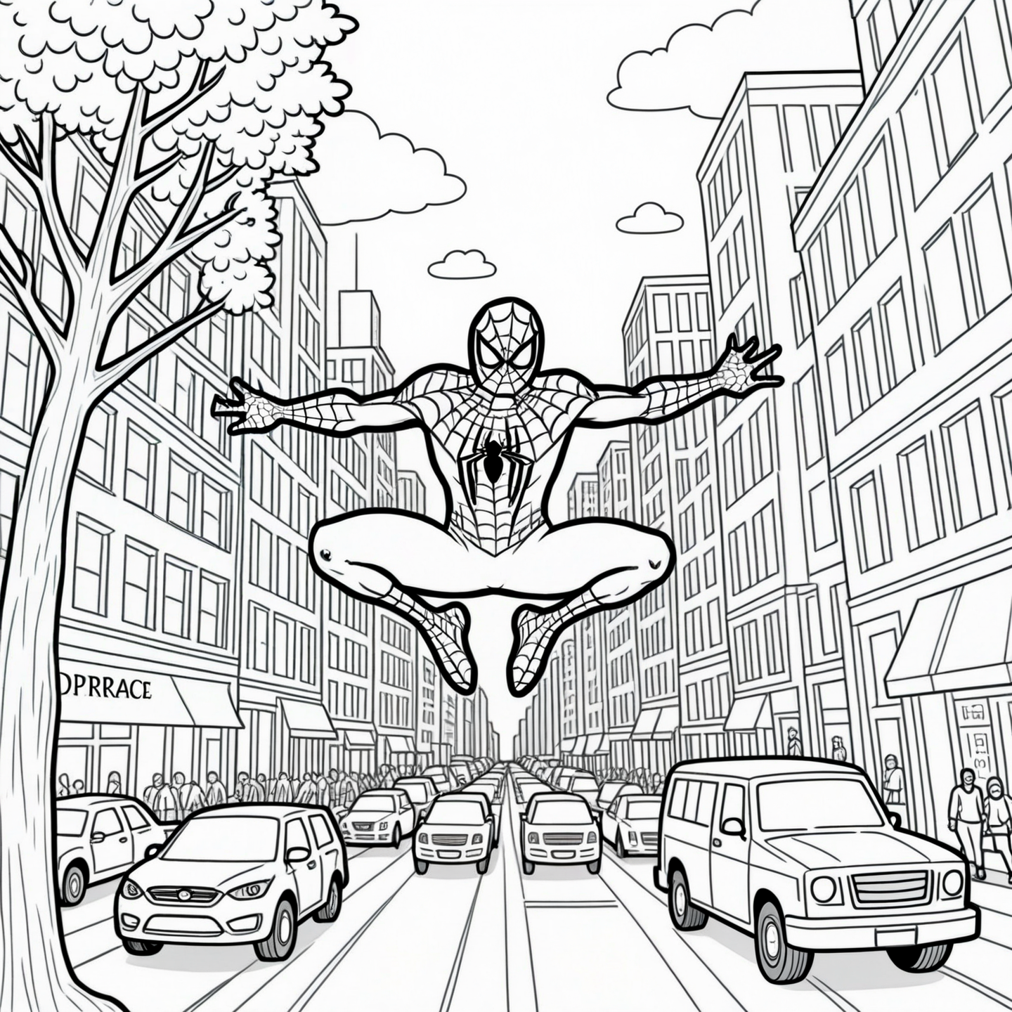 A simple monochrome line drawing for a coloring book.

Spiderman, swinging through the city, surrounded by tall buildings. Pedestrians, cars, trucks, trees, benches. A busy city.

<lora:LineDrawing03_CE_XL_300-OT:0.6> lndrwngCE_style