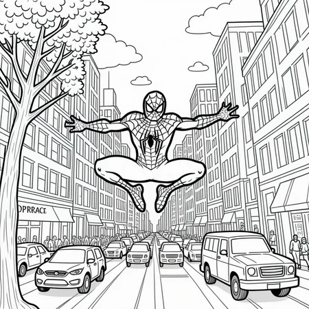 A simple monochrome line drawing for a coloring book.
Spiderman, swinging through the city, surrounded by tall buildings. Pedestrians, cars, trucks, trees, benches. A busy city.
<lora:LineDrawing03_CE_XL_300-OT:0.6> lndrwngCE_style