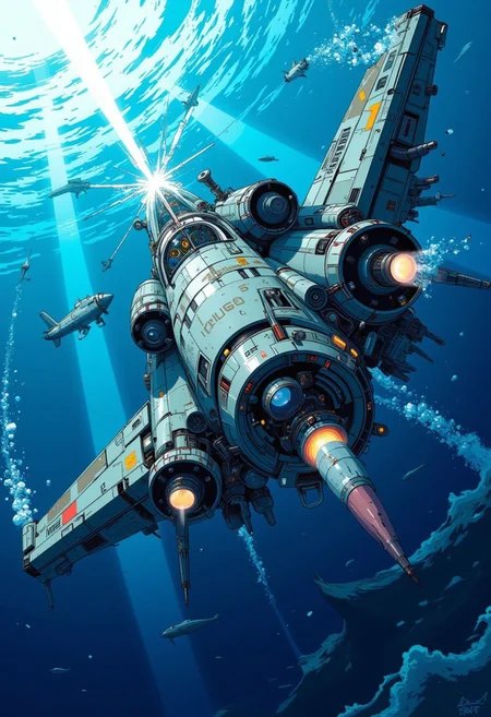 a visually stunning depiction of a futuristic airplane-submarine hybrid designed for military operations. The craft should feature an armored, rugged exterior with angular, aggressive lines, visible weapon systems such as missile launchers and torpedo bays, and a camouflaged pattern suitable for both underwater and aerial environments. The scene should be set deep underwater, with dynamic elements like streams of bubbles trailing the craft and a torpedo being fired, leaving a streaking trail through the water. Light beams from the surface should penetrate the ocean, illuminating the craft and adding dramatic, cinematic flair. The overall aesthetic should convey advanced technology, power, and motion in an action-packed moment. DB4RZ, DB4RZ style painting,  in the style of cknc, anime, cyberpunk, A digital artwork in the style of cknc