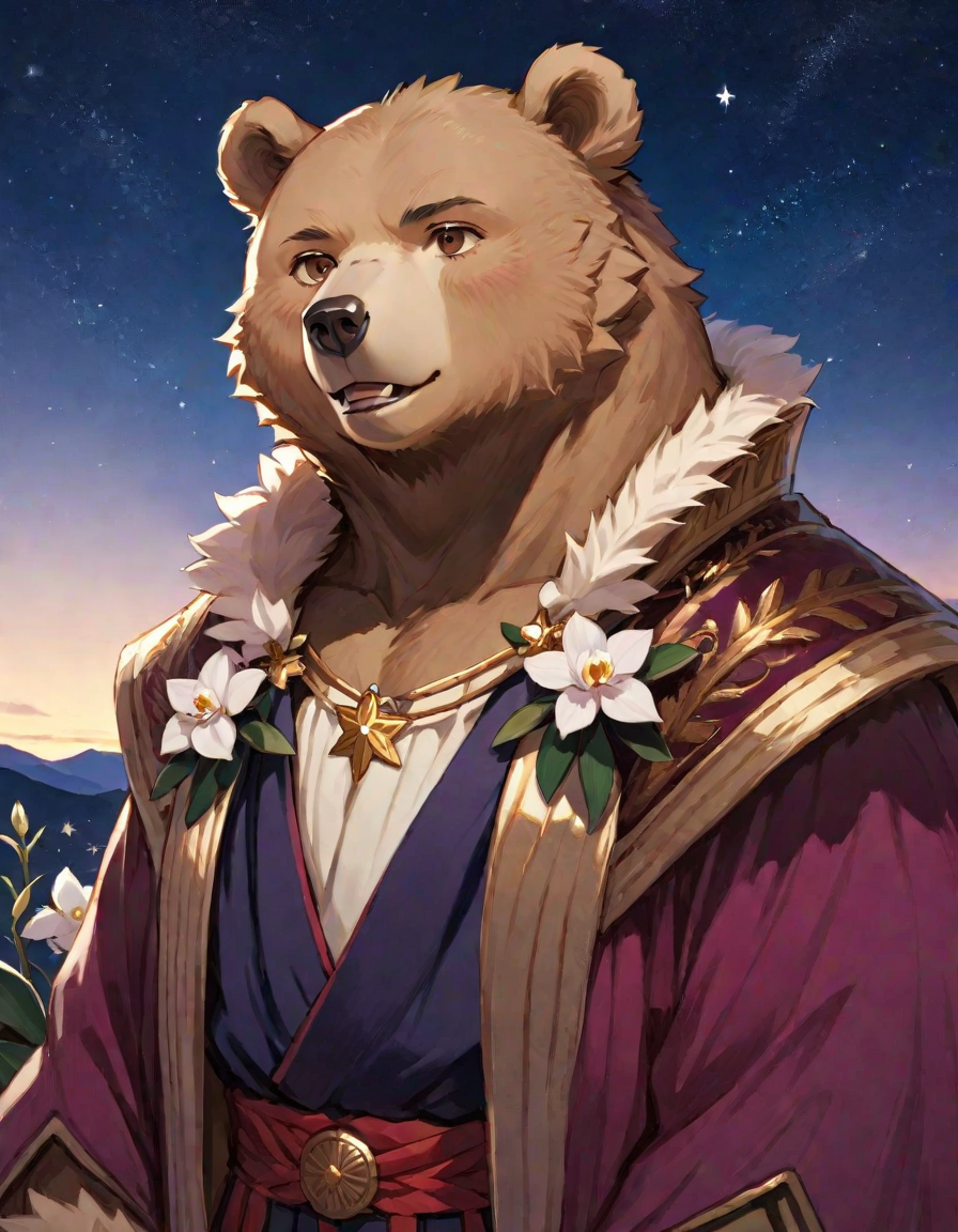 highly detailed, masterpiece, best quality, official art, anime style, (bear man), furry body, Orchid fur, slight smile, dressed in greco roman clothing, character portrait, upper body,   evening, few stars,                clear sky,, <lora:Anime_Furry_Style_SDXL:0.8>
