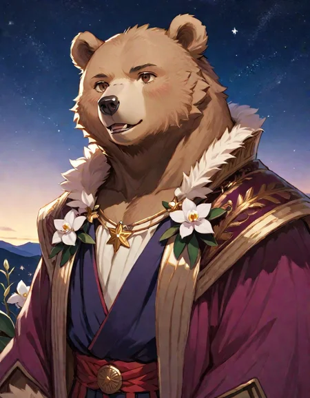 highly detailed, masterpiece, best quality, official art, anime style, (bear man), furry body, Orchid fur, slight smile, dressed in greco roman clothing, character portrait, upper body, evening, few stars, clear sky,, <lora:Anime_Furry_Style_SDXL:0.8>