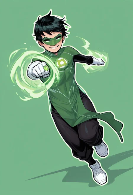 masterpiece, absurdres, high quality, perfect anatomy, 1boy, solo, cute boy, male focus, TaiPham, Black Hair, Green Lantern Ring, Green Lantern Costume, Green and Black Bodysuit, Green Domino Mask, White Eyes, White Gloves, Pelvic Curtain, Black Pants, White Shoes, Glowing Green Outline, Green Energy Aura, floating, levitating, big smile, cinematic, intricately detailed illustration, depth of field, masterpiece, best quality, amazing quality, very aesthetic, absurdres, newest, very awa,  shadow, dynamic angle, casual cosplay, dynamic pose, simple background, green theme, Arwe, Dynamism, Foreshortening