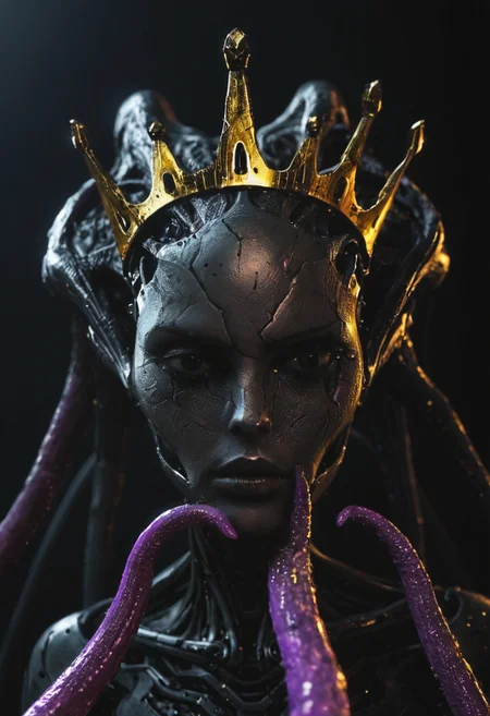 cybernetic body,made out of black mate steel ,golden cracks , black eyes,f ocused lighting, crown on head, dark background, two tone light, yelow and purple glow, vibrabt colors, close up, portret , (alien:1.1) woman quin looking creature, tentacles coming out of head