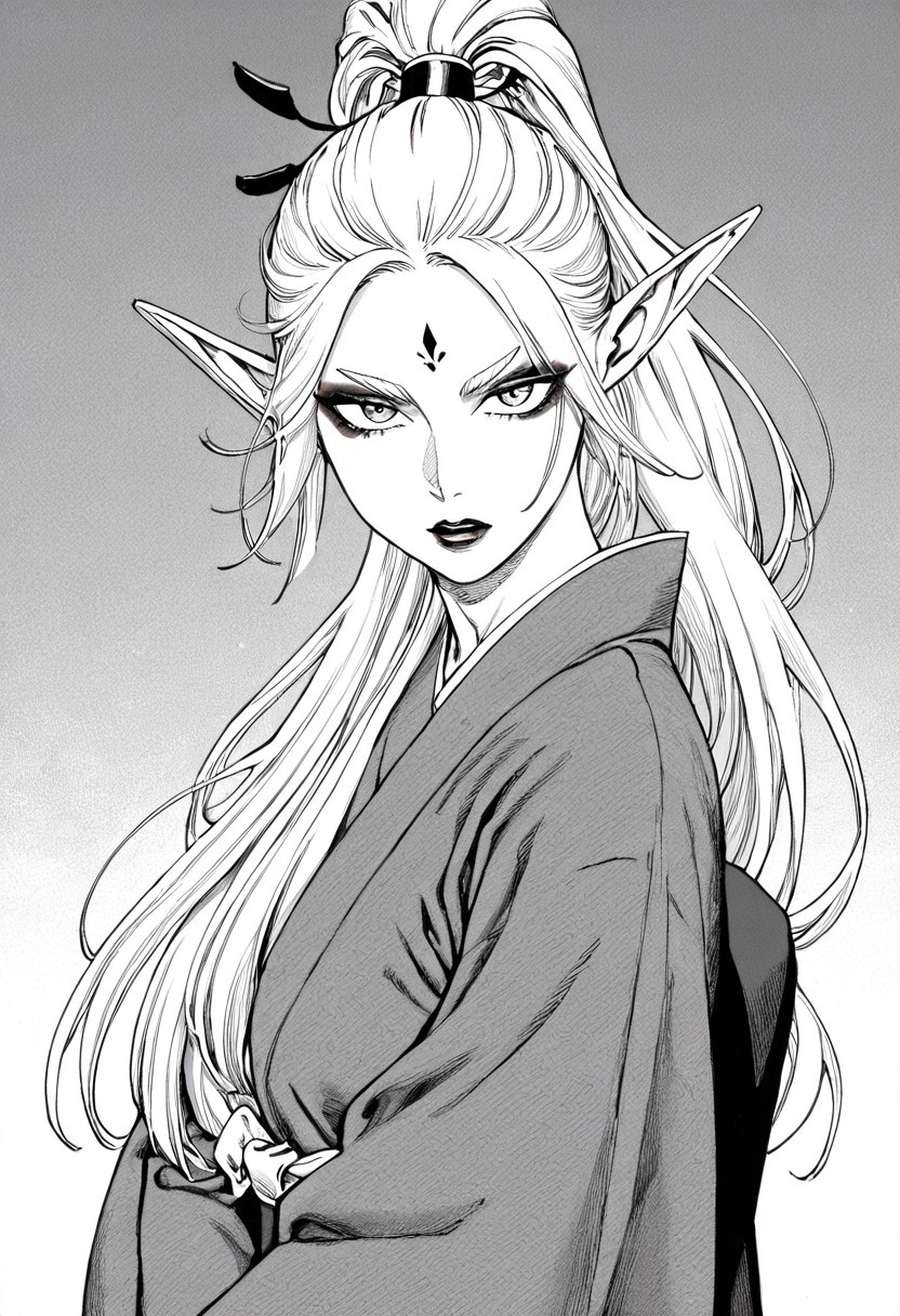 masterpiece, best quality, newest, absurdres, highres, EMPILV1.0, manga, monochrome, greyscale, 
1girl, asian, asian female, elf, elf girl, pointy ears, long hair, kimono, ponytail long ponytail, high taied ponytail, makeup, mascara,