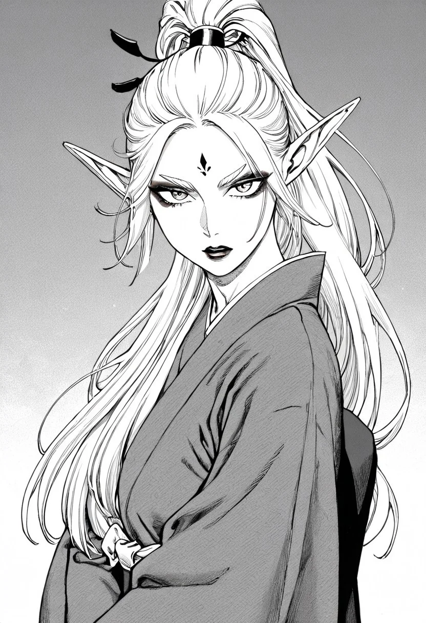 masterpiece, best quality, newest, absurdres, highres, EMPILV1.0, manga, monochrome, greyscale,
1girl, asian, asian female, elf, elf girl, pointy ears, long hair, kimono, ponytail long ponytail, high taied ponytail, makeup, mascara,