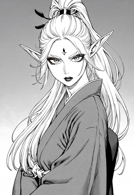 masterpiece, best quality, newest, absurdres, highres, EMPILV1.0, manga, monochrome, greyscale,
1girl, asian, asian female, elf, elf girl, pointy ears, long hair, kimono, ponytail long ponytail, high taied ponytail, makeup, mascara,