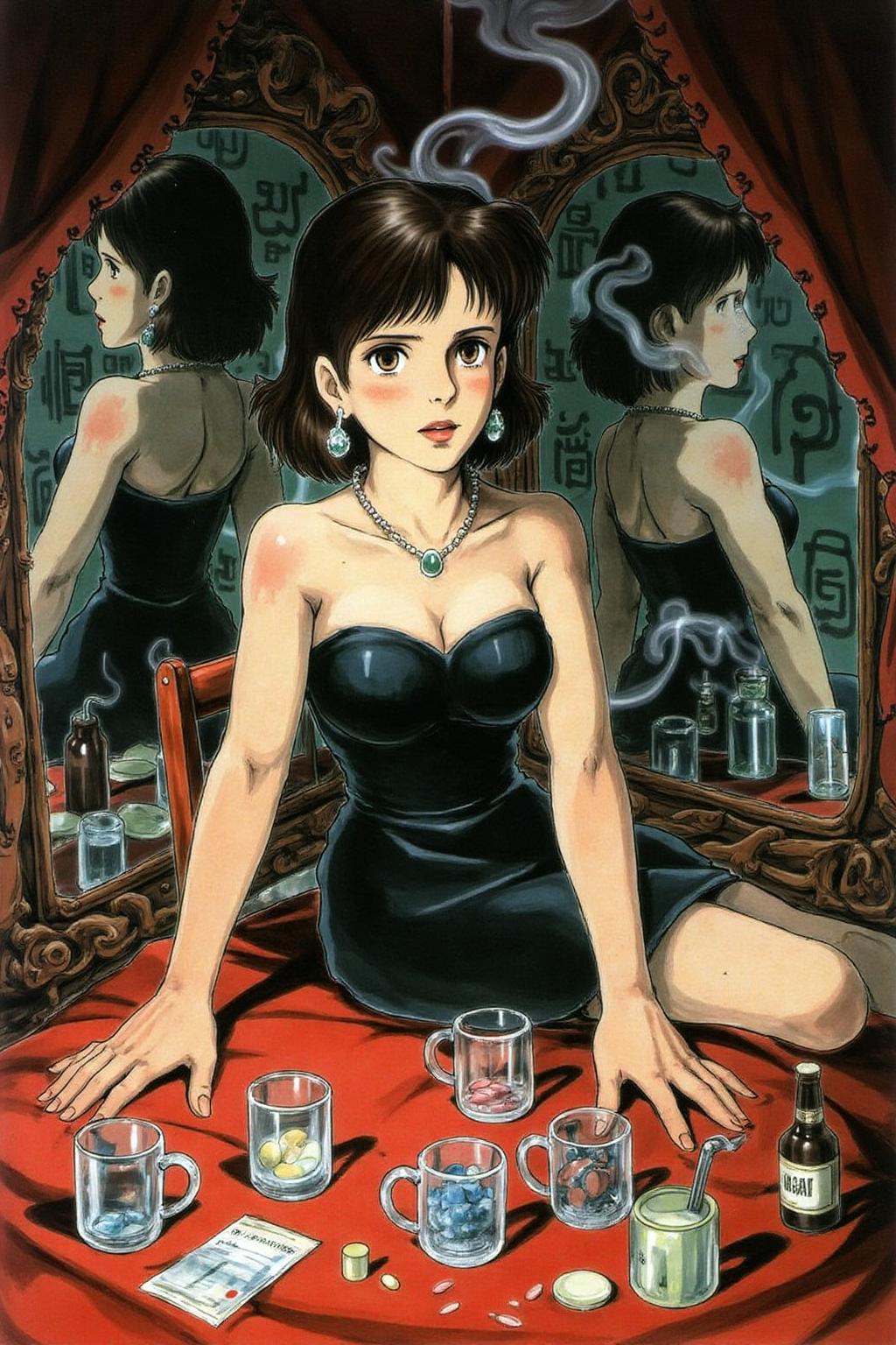 miyaha1 manga illustration.
Create a cinematic, surreal portrait of a woman wearing an elegant strapless black dresses, seated at a cluttered red table, surrounded by mirrored reflections of herself. She wears intense red eye makeup that accentuates her expressive gaze. The scene is filled with translucent glass cups, pill containers, and small bottles, all creating an eclectic and moody atmosphere. Smoke rises around her, adding a dreamlike quality, while a wallpaper of hand-drawn symbols or calligraphy fills the background. The lighting is muted and soft, emphasizing a reflective and introspective mood with a retro, film-noir style   <lora:miyaha1_cap_d6a3e12:0.9><lora:818076126392983694:0>