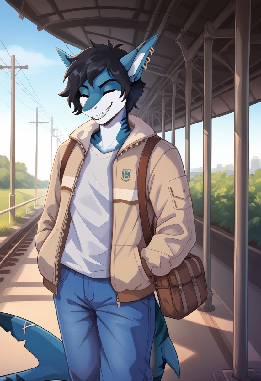<lora:Scappo_Style_v2_PonyXL:0.8> by scappo, scappo,  score_9, score_8_up, score_7_up,1boy, lunarsunxl,  anthro shark,dark blue skin, stripes on the body, short hair,lush hair,black hair, green eyes, shark tail, ear piercing, BREAK, light jacket, blue jeans, looks at the viewer, smiles broadly, shark teeth, closed eyes, happy face, waves goodbye, background railway peron, railway station,