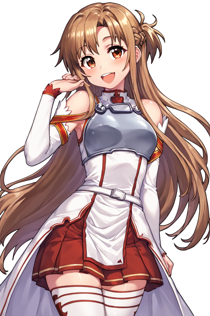 score_9, score_8_up, score_8, medium breasts, (curvy), cute, eyelashes,       BREAK, , BREAK, zzAsuna, asuna (sao), long hair, brown hair, brown eyes, braid, very long hair, thighhighs, bare shoulders, detached sleeves, armor, white thighhighs, breastplate, red skirt, <lora:Asuna_SAO_PDXL_v3:0.8>,, ,,, <lora:HaseYu_PDXL:0.8>  ,,,, BREAK,  smile, looking at viewer, cowboy shot,  embedding:zPDXL, Expressiveh, <lora:SDXLFaeTastic2400:0.5>,  <lora:Expressive_H-000001:0.4>,