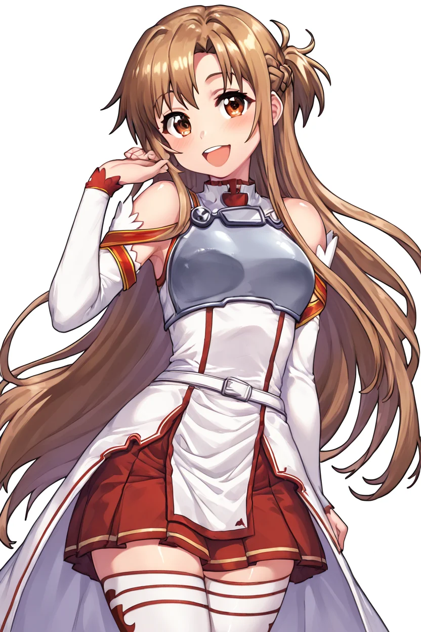 score_9, score_8_up, score_8, medium breasts, (curvy), cute, eyelashes, BREAK, , BREAK, zzAsuna, asuna (sao), long hair, brown hair, brown eyes, braid, very long hair, thighhighs, bare shoulders, detached sleeves, armor, white thighhighs, breastplate, red skirt, <lora:Asuna_SAO_PDXL_v3:0.8>,, ,,, <lora:HaseYu_PDXL:0.8> ,,,, BREAK, smile, looking at viewer, cowboy shot, embedding:zPDXL, Expressiveh, <lora:SDXLFaeTastic2400:0.5>, <lora:Expressive_H-000001:0.4>,