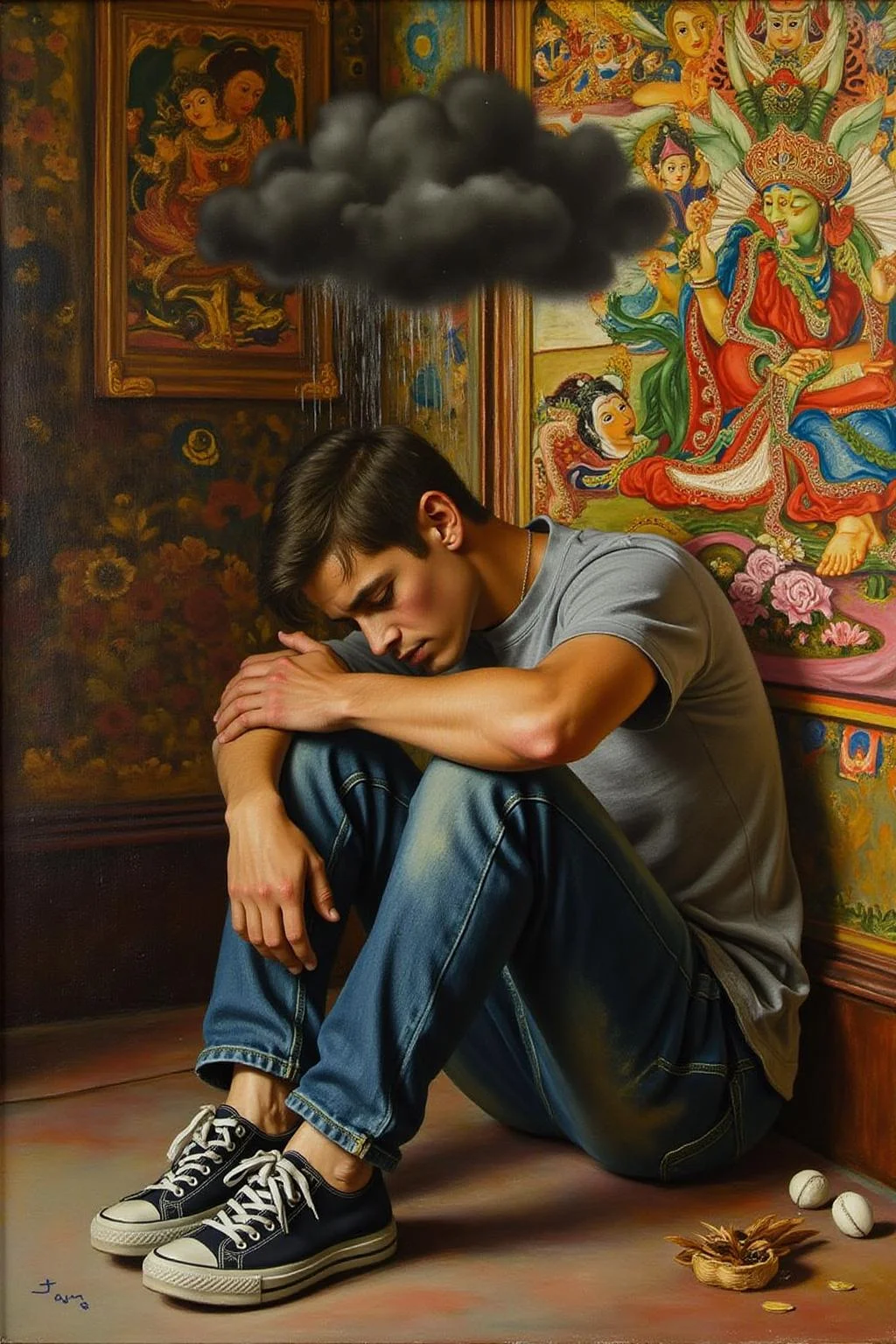 jem1 painting.
A thought-provoking and emotional painting of a young man sitting on the ground, hugging his knees, with a melancholy expression. Above his head is a small, dark rain cloud pouring rain solely on him, symbolizing personal struggle or sadness. He is wearing casual clothing, including a gray t-shirt, jeans, and worn sneakers. The background features an ornate, colorful mural depicting traditional or spiritual motifs, contrasting with the character's isolation and mood. The overall style is hyper-realistic with intricate textures, blending realism with metaphorical elements, and the atmosphere is somber yet deeply introspective <lora:jem1_cap_d6a3:1.0><lora:822884389525536066:0>