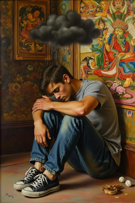 jem1 painting.
A thought-provoking and emotional painting of a young man sitting on the ground, hugging his knees, with a melancholy expression. Above his head is a small, dark rain cloud pouring rain solely on him, symbolizing personal struggle or sadness. He is wearing casual clothing, including a gray t-shirt, jeans, and worn sneakers. The background features an ornate, colorful mural depicting traditional or spiritual motifs, contrasting with the character's isolation and mood. The overall style is hyper-realistic with intricate textures, blending realism with metaphorical elements, and the atmosphere is somber yet deeply introspective <lora:jem1_cap_d6a3:1.0><lora:822884389525536066:0>