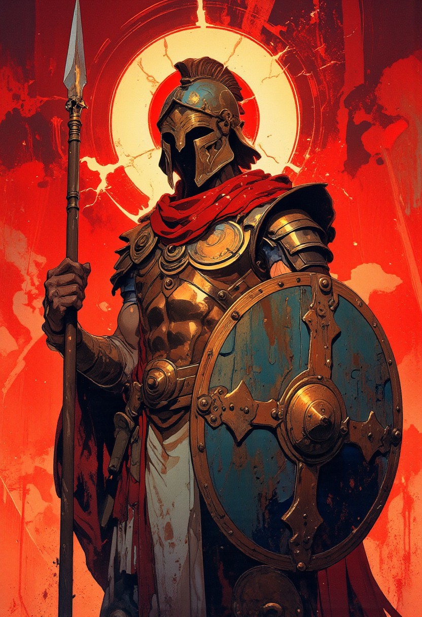 Greek god Ares holding a spear, helm and shield. wearing full greek spartian armor, red cape, strong man covered in armor, in great shape, face covered by shadow by helmet, looks ready for war, anime style, vibrant colors, cinematic shot, soft lighting, red background, halo behind ares