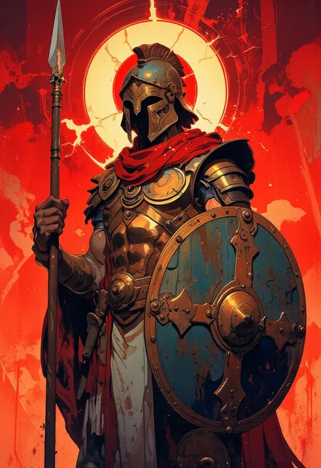 Greek god Ares holding a spear, helm and shield. wearing full greek spartian armor, red cape, strong man covered in armor, in great shape, face covered by shadow by helmet, looks ready for war, anime style, vibrant colors, cinematic shot, soft lighting, red background, halo behind ares