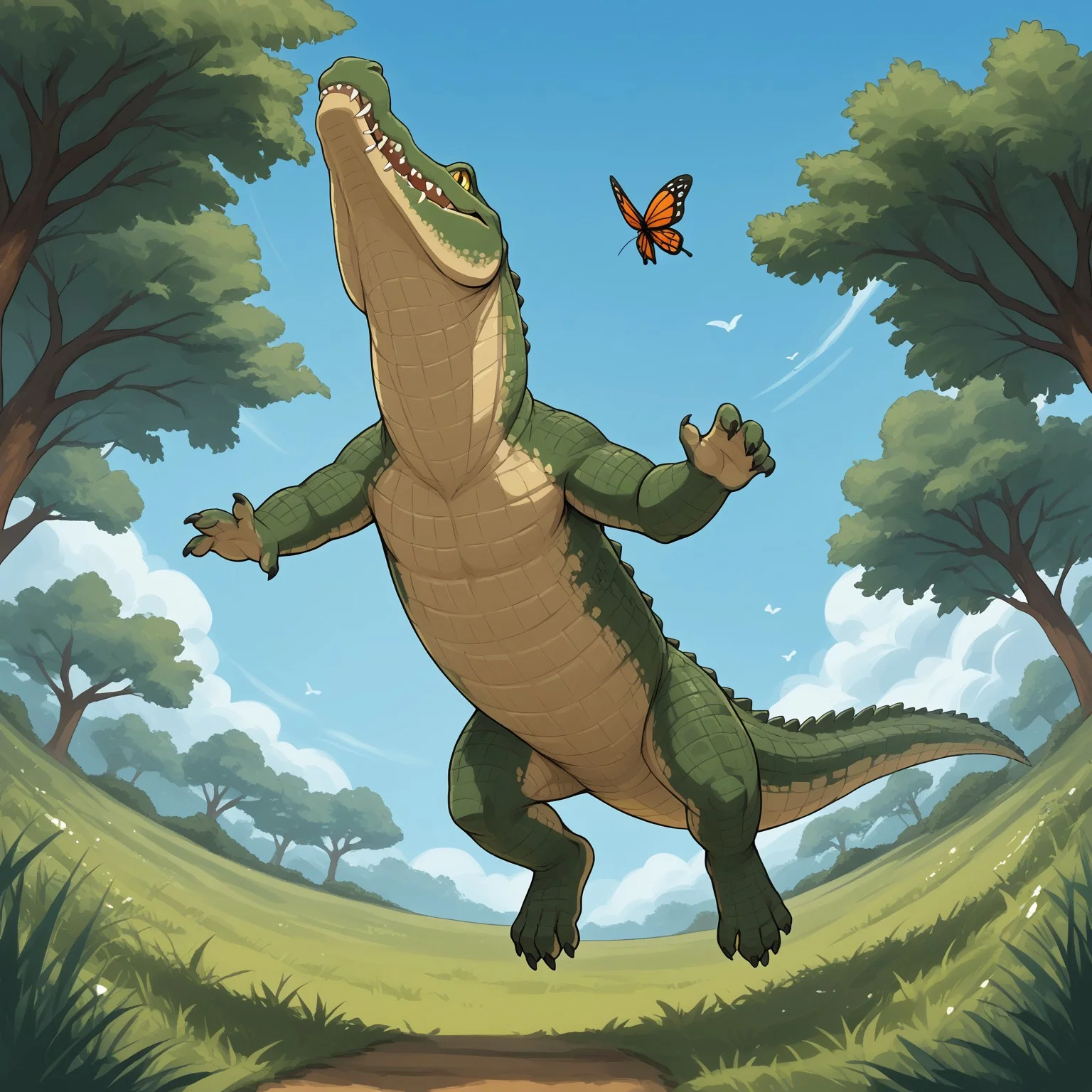 CrocodileLora, score_9, score_8_up, score_7_up, score_6_up, score_5_up, score_4_up, source_furry, source_cartoon, hi res, sfw, solo, 1boy, no humans, 2D artwork, cartoon style, digital art,
Crocodile, crocodilian, scalie, feral, dark scales, green scales,
sharp teeth, large jaw, yellow eyes, small crocodile, long body, long neck, 5 fingers, 4 toes, short arms, short legs, webbed feet, ridged tail, long tail, ridged back,
Jumping, happy expression, looking at a butterfly, cute, jumping bipedally,
full body,
in a park, grass, blue sky, trees in the background,
