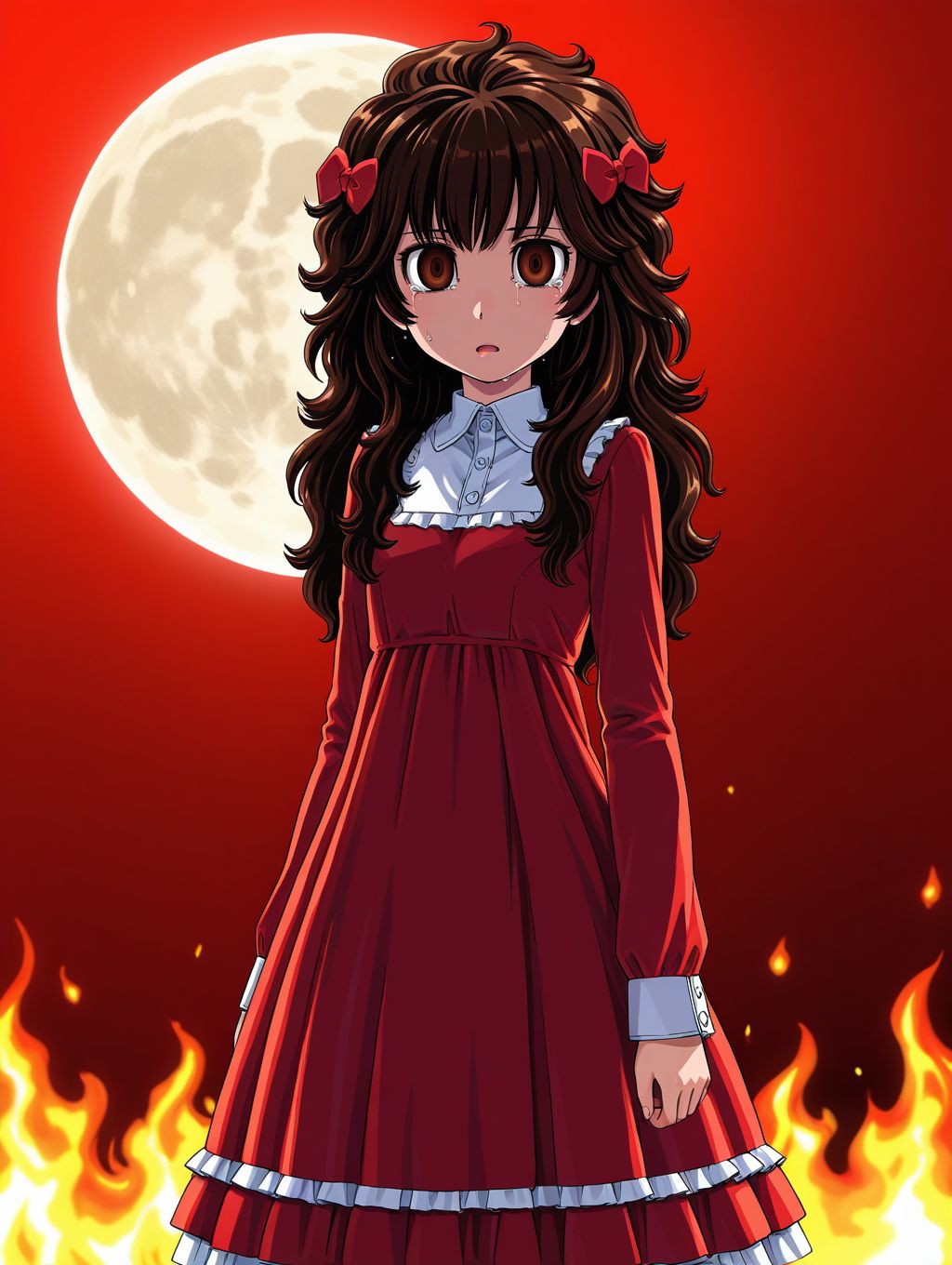 1girl,<lora:marnie_ill_v2.1:0.9> toshimarnie,long hair,hair bow, messy hair, brown hair, brown eyes,dress,frilled dress,BREAK
standing,looking at viewer,BREAK
explicit,masterpiece,best quality,amazing quality,expressionless, (tears:1.2), :o,(fire background:1.2),full moon,crying with eyes open,red sky,sinister,skull moon,red background,empty eyes,