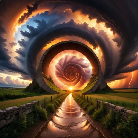 landscape, evening, sunset, thunder, storm clouds tunnel, Spiral Effect, symmetric