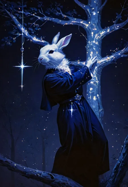 An devil black rabbit, (in navy blue european prince style palace clothes medieval:1.9), stretches from a birch tree trunk, (reaching out to grab a giant fluorescent holy cross:1.6), against a soft-focus black background, (perfect detailed claw),AR71B, (aaar7gl), (sparkle:1.9), (night), (very dark environment:1.5), moon, (gleam:1.8), painting, drawing, 8k uhd, dslr, soft lighting, best quality, film grain, masterpiece, aesthetic,