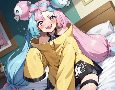 score_9, score_8_up, score_7_up, source_anime,
pokemoniono, <lora:pokemon-iono-ponyxl-lora-nochekaiser:1>
pokemon iono, blue hair, bow-shaped hair, character hair ornament, hair ornament, long hair, low-tied long hair, multicolored hair, pink hair, sharp teeth, split-color hair, twintails, two-tone hair, pink eyes, smile,
asymmetrical legwear, bell, bow-shaped hair, character hair ornament, hexagon print, oversized clothes, pantyhose, single leg pantyhose, split-color hair, jacket, yellow jacket,
indoors, bed, bed room, on side, blush, drunk,
looking at viewer, cowboy shot, dutch angle,