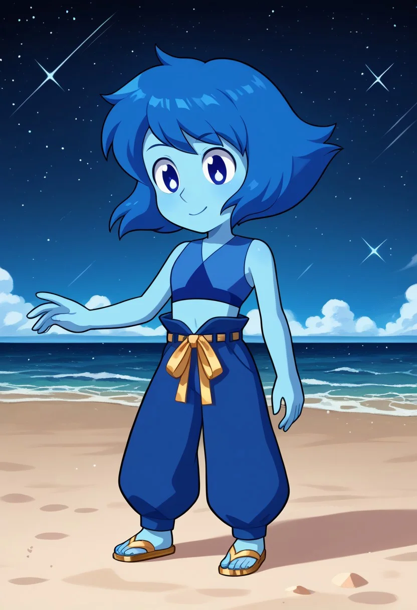 score_9, score_8_up, score_7_up, source anime,
masterpiece, best quality, detailed, amazing quality,
detailed background, night, stars, beach,
detailed eyes, clean eyes,
dynamic pose,
solo, 1woman, woman,
easynegative,
happy, sparkles, lapis_gem,
lapis lazuli \(steven universe\),
colored skin, blue skin, blue hair, blue eyes,
lapis_future, tank top, harem pants, gold ribbon belt, gold sandals,
chibi,
