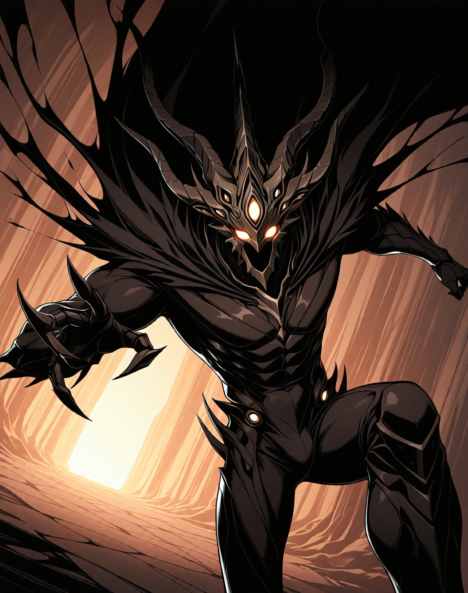 perfect depth of field shot, masterpiece, beautiful, sharp focus, crisp details, 
<lora:Zoalord_(Guyver)_(Illustrious)_(AD):1> Zoalord, Guyver, monster, 
((dynamic action, dynamic perspective, dutch angle, bent knee, cowboy shot, ):1.5), 
((colored body, wearing a cape, detailed face and eyes, ):1.5), glowing eyes, solo, bioboosted body, biomechanical, end boss, perfect form, perfect proportions, abs, regal and strong, imposing, presence demands respect and deference, gradient style anime coloring,   
BREAK Smooth Quality, IllusP0s, lazyhand, lazympos, lazynsfw,
