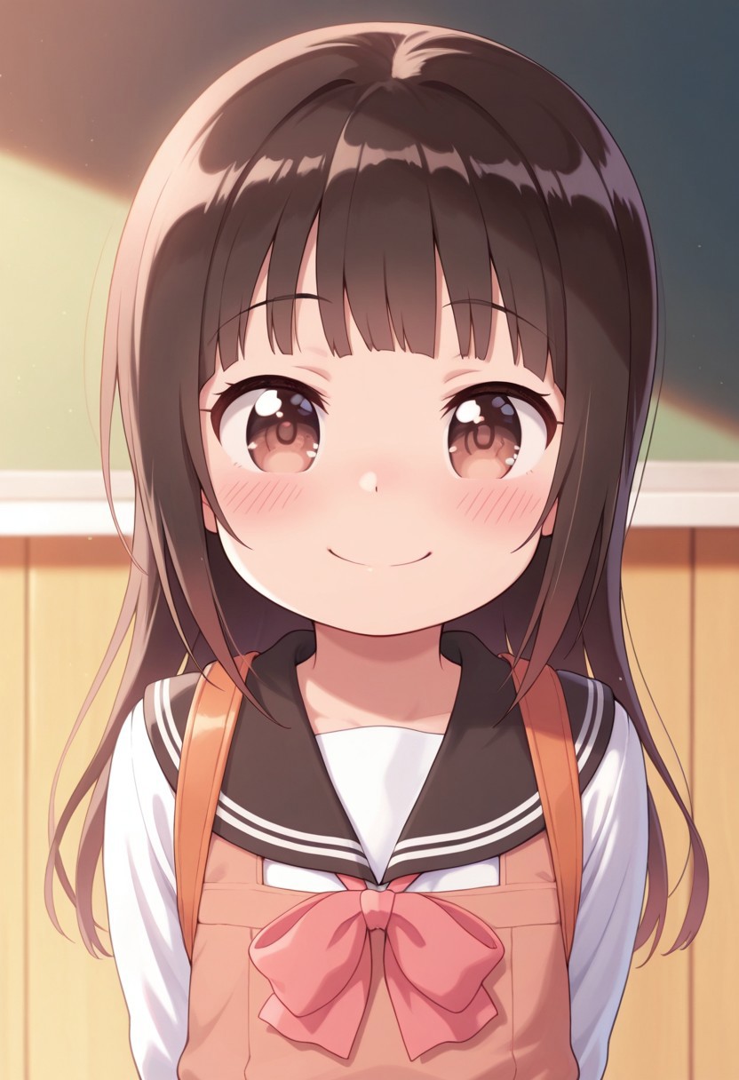 masterpiece,best quality,amazing quality, matsumoto yuuna, dark brown hair, long hair, child, brown eyes, 1girl, solo, smile, blush, school uniform