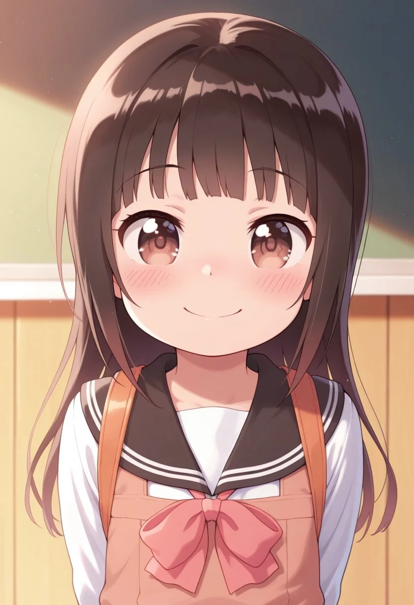 masterpiece,best quality,amazing quality, matsumoto yuuna, dark brown hair, long hair, child, brown eyes, 1girl, solo, smile, blush, school uniform