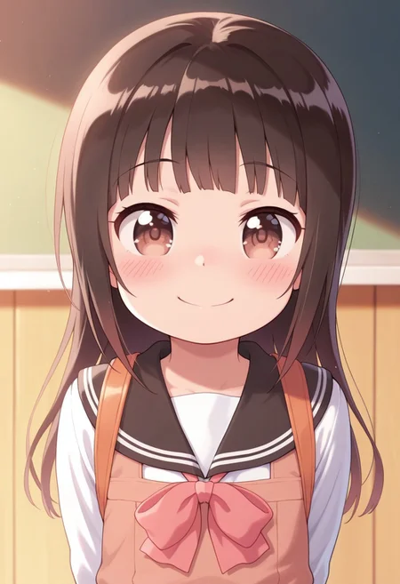 masterpiece,best quality,amazing quality, matsumoto yuuna, dark brown hair, long hair, child, brown eyes, 1girl, solo, smile, blush, school uniform