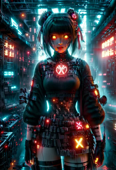 3d movie poster, cyberpunk cafe, young woman, rin tohsaka cosplay, detailed beautiful face, fingerless gloves, coat over sweater, red|black, (glowing hair buns, hair ornament), vantablack skirt, thighhighs, science fiction