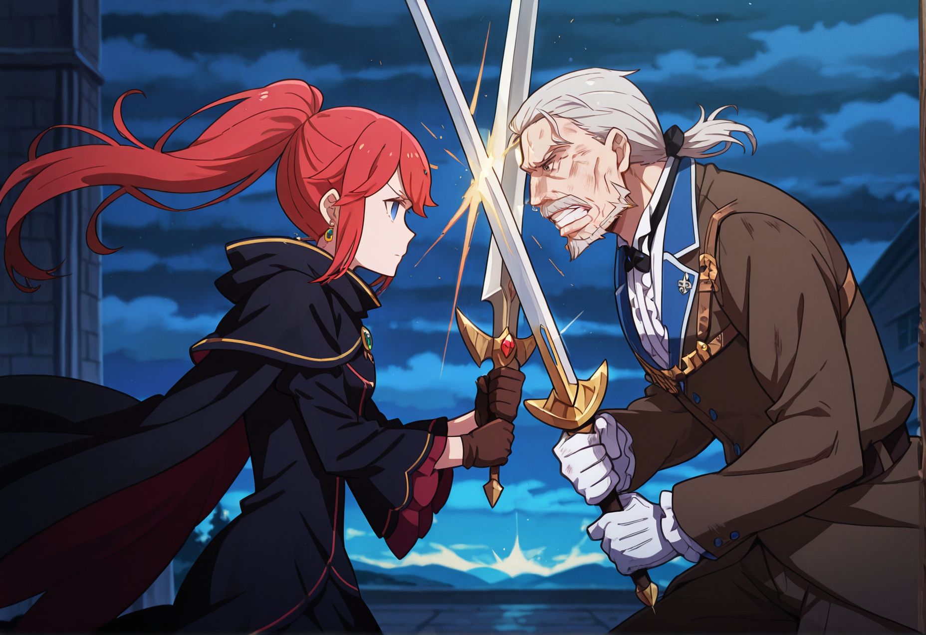 masterpiece, best quality, newest, absurdres, highres, detailed eyes, beautiful, detailed background, perfect eyes, anime coloring, anime screencap,
2person, fighting, hetero, 
SwordClash, sword, holding sword, from side, 
<lora:SwordClashIL-000019:0.5> 
night,outdoors, 
BREAK
2person, fighting, hetero, 
SwordClash, sword, holding sword, from side, 
<lora:Theresia_van_Astrea_r1:1>Theresia_van_Astrea,
blue eyes,ponytail,red hair, long sword,
cloak,parody,jewelry,bangs, black dress,empty eyes, 
t_theresia,expressionless, holding weapon,  black cape,
BREAK
2person, fighting, hetero, 
SwordClash, sword, holding sword, from side, 
teeth,  sad, 
old_Wilhelm,weapon,sword,
male focus,facial hair,
beard,mustache,old,suit, 
gloves,old_wilhelm,